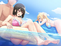 Rule 34 | 2girls, barefoot, bikini, black hair, blonde hair, blue eyes, blush, breast press, breasts, cleavage, cloud, day, feet, floating, grabbing, grabbing another&#039;s breast, grabbing from behind, hand under clothes, happy, highres, innertube, kyokon no ani, namaiki de do-m na imouto to ichaicha suru+, large breasts, legs, long hair, lying, medium hair, multiple girls, ocean, on stomach, open mouth, original, outdoors, partially submerged, red eyes, sawada yuusuke, side ponytail, sky, smile, swim ring, swimsuit, thighs, toes, water