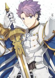 Rule 34 | 1boy, armor, arondight (fate), cape, closed mouth, fate/grand order, fate (series), highres, holding, holding sword, holding weapon, lancelot (fate/grand order), looking at viewer, male focus, nikame, purple eyes, purple hair, smile, solo, sword, weapon