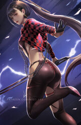 Rule 34 | 1girl, ass, black bodysuit, black gloves, black hair, bodysuit, breasts, brown eyes, checkered clothes, clothing cutout, commentary, cropped hoodie, dangle earrings, earrings, english commentary, eve (stellar blade), gloves, gold earrings, half gloves, high heels, highres, holding, holding sword, holding weapon, hood, hoodie, jewelry, long hair, looking at viewer, looking back, medium breasts, nibelart, parted lips, partially fingerless gloves, patreon username, ponytail, racer&#039;s high (stellar blade), red hoodie, simple background, solo, standing, standing on one leg, stellar blade, sword, very long hair, weapon