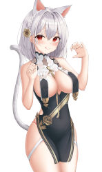 Rule 34 | 1girl, absurdres, animal ears, azur lane, bare arms, bare hips, bare shoulders, black dress, blush, breasts, cat ears, cat girl, cat tail, claw pose, cleavage, covered navel, cowboy shot, dress, flower, hair flower, hair ornament, highres, hsxxx, kemonomimi mode, large breasts, looking at viewer, red eyes, revealing clothes, rose, short dress, short hair, silver hair, sirius (azur lane), sirius (azure horizons) (azur lane), sleeveless, sleeveless dress, tail, thigh strap, yellow flower, yellow rose