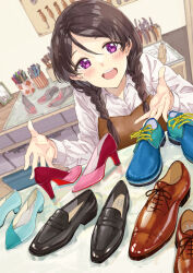 Rule 34 | 1girl, :d, apron, black footwear, black hair, blue footwear, blush, braid, brown apron, brown footwear, chisel, collared shirt, commentary request, dress shirt, hair between eyes, hair over shoulder, high heels, highres, indoors, loafers, long hair, long sleeves, looking at viewer, low twintails, miyabi akino, open mouth, original, parted bangs, pink footwear, pliers, purple eyes, scissors, shirt, shoes, smile, solo, teeth, twin braids, twintails, upper body, upper teeth only, white shirt