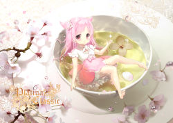 Rule 34 | 1girl, afloat, bad id, bad pixiv id, bare legs, barefoot, blouse, bow, branch, cherry blossom cookie, cherry blossoms, cookie run, cup, flower, frilled skirt, frills, hair flower, hair ornament, highres, in container, in cup, lace, long hair, looking at viewer, lying, mini person, minigirl, on back, oversized object, partially submerged, petals, petticoat, pink bow, pink eyes, pink hair, pink skirt, plate, puffy short sleeves, puffy sleeves, shirt, short sleeves, siloteddy, skirt, smile, soles, solo, sparkle, tea, text focus, toe scrunch, toes, two side up, water drop, white flower, white shirt