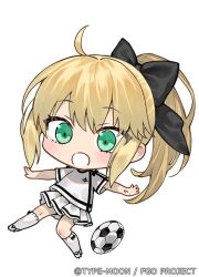 Rule 34 | 1girl, ahoge, artoria pendragon (all), artoria pendragon (fate), ball, black bow, blonde hair, bow, bow legwear, chestnut mouth, chibi, fate/grand order, fate (series), green eyes, kneehighs, long hair, looking down, nipi27, official art, open mouth, ponytail, saber lily, shirt, short sleeves, sidelocks, simple background, skirt, soccer ball, socks, solo, white background, white shirt, white skirt, white socks