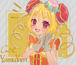 Rule 34 | 1girl, asdsk123, blonde hair, bow, character name, cure yum-yum, delicious party precure, dot nose, drill hair, eyelashes, gloves, hair bun, hanamichi ran, highres, huge bow, magical girl, orange bow, precure, red eyes, shirt, sleeveless, sleeveless shirt, solo, striped, striped background, triple bun, twin drills, upper body
