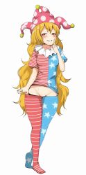 Rule 34 | 1girl, american flag dress, american flag legwear, american flag shirt, artistic error, blonde hair, chin (motio7201), clothes pull, clownpiece, full body, grin, groin, hat, highres, jester cap, long hair, looking at viewer, naughty face, neck ruff, no panties, panties, panty pull, pantyhose, pantyhose pull, polka dot, red eyes, ringed eyes, short sleeves, simple background, smile, solo, standing, star (symbol), striped clothes, striped pantyhose, sweat, teeth, touhou, underwear, very long hair, wavy hair, white background