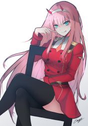 Rule 34 | 10s, 1girl, :q, absurdres, bad id, bad pixiv id, black thighhighs, blue eyes, crossed legs, darling in the franxx, dress, floating hair, hair between eyes, hairband, highres, index finger raised, long hair, looking at viewer, military, military uniform, necktie, orange necktie, pink hair, red dress, short dress, signature, simple background, sitting, solo, thighhighs, tongue, tongue out, uniform, very long hair, white background, white hairband, zero two (darling in the franxx), zettai ryouiki