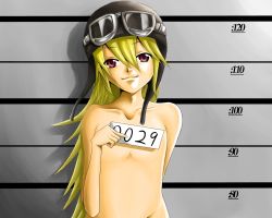 Rule 34 | 10s, 1girl, bad anatomy, bad hands, bakemonogatari, blonde hair, completely nude, flat chest, goggles, goggles on head, hat, height chart, holding, holding sign, long hair, monogatari (series), mugshot, nisemonogatari, nude, oshino shinobu, red eyes, sign, smile, solo