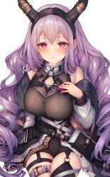 Rule 34 | 1girl, arknights, bare shoulders, black hairband, breasts, cleavage, cleavage cutout, clothing cutout, commentary, hairband, highres, horns, large breasts, long hair, long sleeves, looking at viewer, off shoulder, parted lips, purple eyes, purple hair, simple background, sitting, snm (sunimi), solo, thigh strap, thighs, typhon (arknights), very long hair, white background