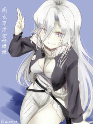 Rule 34 | 1girl, abyssal ship, akino shuu, belt, black belt, black jacket, blue eyes, breasts, character name, grin, jacket, kantai collection, large breasts, long hair, long sleeves, pale skin, smile, solo, south pacific aircraft carrier princess, twitter username, white hair