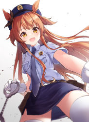 Rule 34 | 1girl, absurdres, alternate costume, animal ears, badge, belt, belt pouch, blue headwear, blue shirt, blue skirt, blush, bow, breast pocket, brown hair, collared shirt, cuffs, ear bow, from below, gloves, gradient background, handcuffs, highres, horse ears, looking at viewer, mayano top gun (umamusume), miniskirt, necktie, pizza (pizzania company), pocket, police, police uniform, policewoman, pouch, shirt, shirt tucked in, short sleeves, skirt, solo, sweatdrop, thighhighs, umamusume, uniform, white gloves, white thighhighs, yellow eyes