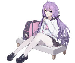 Rule 34 | 1girl, absurdres, ahoge, anchor symbol, azur lane, backpack, bag, bag charm, bench, black bag, black footwear, black sailor collar, black scrunchie, black skirt, blush, cardigan, charm (object), closed mouth, commentary request, full body, hair ornament, hair scrunchie, hairclip, hand up, highres, legs, loafers, long hair, long sleeves, looking at viewer, low twintails, miniskirt, neckerchief, official alternate costume, on bench, pantyhose, parted lips, pink neckerchief, pleated skirt, purple eyes, purple hair, sailor collar, school bag, school uniform, scrunchie, serafuku, shirt, shoes, simple background, sitting, skirt, sleeves past wrists, solo, stuffed animal, stuffed toy, stuffed winged unicorn, sweater, twintails, unicorn (azur lane), unicorn (long-awaited date) (azur lane), very long hair, white background, white cardigan, white pantyhose, white shirt, x hair ornament, yukizawa xueze