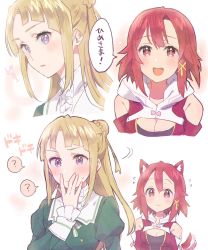 Rule 34 | 2girls, :d, ?, absurdres, afterimage, animal ear fluff, animal ears, blush, braid, breasts, brown hair, cleavage, cleavage cutout, closed mouth, clothing cutout, detached sleeves, dress, flying sweatdrops, green dress, hair between eyes, hair bun, hair ribbon, highres, izetta, juliet sleeves, kemonomimi mode, long hair, long sleeves, medium breasts, multiple girls, open mouth, ortfine fredericka von eylstadt, parted lips, puffy sleeves, purple eyes, red dress, red eyes, red hair, red sleeves, ribbon, shuumatsu no izetta, single hair bun, sleeveless, sleeveless dress, smile, sorimachi-doufu, spoken question mark, tail, tail wagging, translation request, very long hair, yellow ribbon