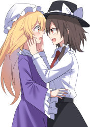 Rule 34 | 2girls, black headwear, black skirt, blonde hair, blush, bow, brown hair, collared shirt, commentary request, dress, e.o., frills, hair between eyes, hair bow, hands on another&#039;s face, hands up, hat, hat bow, highres, long hair, long sleeves, looking at another, maribel hearn, mob cap, multiple girls, necktie, open mouth, purple dress, red eyes, red necktie, shirt, short hair, simple background, skirt, smile, standing, tongue, touhou, usami renko, white background, white bow, white headwear, white shirt, wide sleeves, yellow eyes, yuri