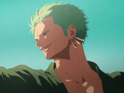 Rule 34 | 1boy, blue sky, collarbone, commentary, earrings, gold earrings, green hair, green shirt, grin, jewelry, looking to the side, male focus, nika dudi, one piece, parted lips, portrait, roronoa zoro, shirt, short hair, sky, smile, solo, upper body