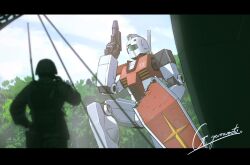 Rule 34 | 1other, ambiguous gender, assault visor, blurry, blurry foreground, cloud, cloudy sky, commentary request, damaged, day, g.yamamoto, gm (mobile suit), gun, gundam, hand up, helmet, highres, holding, holding gun, holding shield, holding weapon, jungle, letterboxed, mecha, military, combat helmet, military uniform, mobile suit, mobile suit gundam, nature, on one knee, outdoors, radio antenna, robot, science fiction, shield, signature, sky, soldier, tree, uniform, weapon
