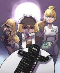 Rule 34 | 1girl, blonde hair, blue eyes, bonesaw, breasts, blowing bubbles, chat log, chewing gum, cleavage, detective, dress, fake facial hair, fake mustache, glasses, gloves, hair bun, hair ornament, highres, hololive, hololive english, lab coat, long hair, mole, mole on breast, multiple persona, nurse, open mouth, saw, single hair bun, smile, smol ame, sunglasses, syringe, virtual youtuber, watson amelia, zedd (zedgawr)
