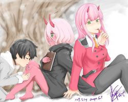 Rule 34 | 10s, 1boy, 1girl, aged down, bandages, black cloak, black hair, black pantyhose, book, candy, cloak, closed eyes, coat, colored sclera, colored skin, commentary request, couple, crying, crying with eyes open, darling in the franxx, food, fringe trim, fur trim, green eyes, grey coat, hands on another&#039;s leg, hetero, hiro (darling in the franxx), holding, holding book, holding candy, holding food, holding lollipop, hood, hooded cloak, horns, kneeling, licking, lollipop, long hair, long sleeves, military, military uniform, necktie, oni horns, orange neckwear, pantyhose, parka, pink hair, purplemastu, red horns, red pupils, red sclera, red skin, short hair, signature, sitting, snow, snowing, spoilers, tears, tongue, tongue out, tree, uniform, winter clothes, winter coat, zero two (darling in the franxx)