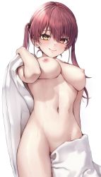 Rule 34 | 1girl, blush, breasts, closed mouth, commentary request, groin, hair between eyes, highres, hololive, houshou marine, large breasts, long hair, momonoko noko, navel, nipples, nude, red eyes, red hair, simple background, smile, solo, standing, stomach, thighs, towel, twintails, virtual youtuber, wet, white background, yellow eyes