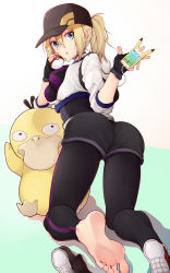 Rule 34 | 10s, 1girl, :o, aqua background, ass, backpack, bag, barefoot, baseball cap, batatata77, belt, black gloves, black hat, black pants, blue eyes, breasts, cable, cellphone, choker, creatures (company), cropped jacket, eyelashes, feet, female protagonist (pokemon go), fingerless gloves, from behind, game freak, gen 1 pokemon, gloves, hair between eyes, hat, highres, holding, holding phone, holding poke ball, kneeling, leggings, long hair, looking at viewer, looking back, medium breasts, nintendo, pants, phone, phone with ears, pikachu, pikachu tail, poke ball, pokemon, pokemon (creature), pokemon go, pokemon tail, ponytail, psyduck, shoe soles, shoes, single shoe, sleeves past elbows, soles, tail, toes, unworn shoes, white background