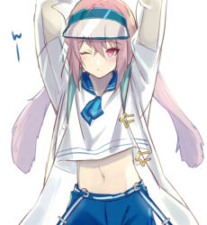Rule 34 | 1boy, animal ears, ansel (arknights), ansel (casual vacation) (arknights), arknights, arms up, bad id, bad pixiv id, blouse, blue necktie, blue sailor collar, blue shorts, blush, child, commentary request, dress, hair between eyes, jacket, looking at viewer, male focus, midriff, navel, necktie, official alternate costume, one eye closed, pink eyes, pink hair, rabbit ears, sailor collar, sailor dress, see-through, see-through sleeves, shirt, shorts, simple background, solo, trap, visor cap, white background, white shirt, yoruhachi