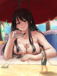 Rule 34 | 1girl, ahoge, beach, beach towel, beach umbrella, black hair, blush, breasts, closed mouth, ears visible through hair, giant, giantess, grey eyes, hair over shoulder, highres, kuroihassan, long hair, lotion, lotion bottle, lotion play, lying, mini person, miniboy, nipples, on stomach, original, person between breasts, sand, smile, towel, umbrella