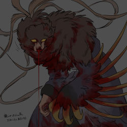 Rule 34 | 1boy, all fours, blank eyes, bleeding, blood, blood from mouth, blood on clothes, blood on face, colored sclera, feet out of frame, grey background, kenkon no washi, li sakura, long sleeves, male focus, monster boy, parted lips, robe, solo, standing, talons, winged arms, wings, yellow sclera