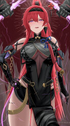 Rule 34 | archstreal, black hairband, breasts, chinese hairpin, earrings, hair ornament, hair stick, hairband, hand on own hip, head tilt, highres, jewelry, looking at viewer, mole, mole under eye, open clothes, open skirt, red hair, single earring, skirt, thighs, underboob, wuthering waves, yinlin (wuthering waves)