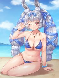 Rule 34 | 1girl, animal ears, arm support, arm up, armpits, atla (kyokkou no lemuria), bare shoulders, bikini, blue bikini, blue bow, blue ribbon, blue sky, blunt bangs, blush, bow, breasts, chaou, choker, cleavage, closed mouth, cloud, collarbone, commentary request, day, fingernails, front-tie bikini top, front-tie top, full body, groin, hair bow, hair ornament, hair ribbon, hair scrunchie, halterneck, heart, heart choker, heart necklace, highres, horizon, jewelry, kyokkou no lemuria, long hair, looking at viewer, medium breasts, mountain, navel, necklace, ocean, on ground, one eye closed, outdoors, rabbit ears, rabbit hair ornament, red eyes, ribbon, sand, scrunchie, shadow, shiny skin, short eyebrows, side-tie bikini bottom, sidelocks, silver hair, sitting, sky, smile, solo, stomach, string bikini, swimsuit, thick eyebrows, twintails, v over eye, white scrunchie, wristband, yokozuwari
