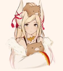 Rule 34 | 1girl, adore (adoredesu), animal, animal on head, bare shoulders, blonde hair, brown eyes, closed mouth, collarbone, earrings, granblue fantasy, highres, holding, holding animal, horn ornament, horns, jewelry, kumbhira (granblue fantasy), long hair, long sleeves, necklace, off shoulder, on head, panties, pig, sketch, sleeves past fingers, sleeves past wrists, smile, solo, swept bangs, tassel, underwear, upper body, wide sleeves