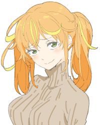 Rule 34 | 1girl, absurdres, bad id, bad twitter id, blush, closed mouth, donguri suzume, green eyes, grey sweater, head tilt, highres, long hair, long sleeves, looking at viewer, multicolored hair, orange hair, simple background, smile, solo, streaked hair, sweater, turtleneck, turtleneck sweater, upper body, white background