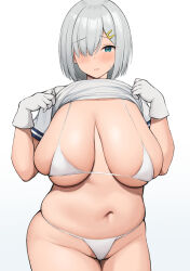 Rule 34 | 1girl, absurdres, bikini, blue eyes, blush, breasts, clothes lift, commentary request, gloves, gradient background, grey hair, hair over one eye, hamakaze (kancolle), highres, huge breasts, kantai collection, long hair, neneneji, parted lips, plump, sagging breasts, shirt, shirt lift, short hair, short sleeves, simple background, skindentation, solo, standing, sweat, swimsuit, white background, white bikini, white gloves, white shirt
