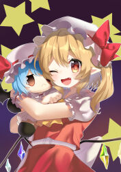 Rule 34 | 1girl, ;d, absurdres, ascot, back bow, bat wings, blonde hair, blue hair, bow, brown eyes, center frills, character doll, closed mouth, collared shirt, crystal, doll, fang, flandre scarlet, frilled shirt collar, frilled sleeves, frills, gradient background, happy, hat, hat bow, hat ribbon, highres, holding, holding doll, hxj (2324184595), large bow, looking at viewer, medium hair, mob cap, multicolored wings, one eye closed, one side up, open mouth, pink hat, pointy ears, puffy short sleeves, puffy sleeves, purple background, red bow, red eyes, red ribbon, red skirt, red vest, remilia scarlet, ribbon, ribbon-trimmed headwear, ribbon trim, shirt, short sleeves, simple background, skirt, smile, solo, star (symbol), touhou, vest, white bow, white hat, white shirt, wings, wrist cuffs, yellow ascot