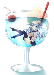 Rule 34 | 10s, 1girl, anju (meipurusanchi), black thighhighs, blue eyes, blush, cherry, cup, drink, drinking straw, failure, failure penguin, food, fruit, hammer and sickle, hibiki (kancolle), highres, in container, in cup, kantai collection, long hair, mini person, minigirl, silver hair, skirt, solo, star (symbol), thighhighs, underwater, verniy (kancolle)