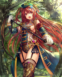 Rule 34 | 1girl, breasts, eikou no guardian battle, frown, gloves, hat, highres, long hair, madogawa, open mouth, red eyes, red hair, sideboob, solo