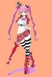 Rule 34 | 1girl, boots, capelet, crown, curvy, drill hair, female focus, full body, highres, ketta, long hair, midriff, miniskirt, navel, one piece, open mouth, perona, red footwear, shoes, skirt, solo, standing, striped clothes, striped thighhighs, thighhighs, twintails, umbrella, very long hair