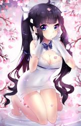 Rule 34 | 10s, 1girl, barefoot, black hair, blue eyes, blush, breasts, cherry blossoms, cleavage, covered navel, dungeon ni deai wo motomeru no wa machigatteiru darou ka, flower, gloves, gradient background, hair ribbon, hestia (danmachi), highres, kneeling, long hair, looking at viewer, medium breasts, petals, pout, rei no himo, ribbon, solo, squchan, twintails, white gloves