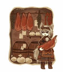 Rule 34 | 1girl, animal ears, artist name, barrel, boots, brown eyes, dated, fang, food, fox ears, fox tail, goggles, goggles on head, grey hair, holding, indoors, note, original, paper, raw meat, satsumai, sausage, simple background, solo, standing, tail, wall, white background