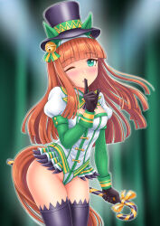 Rule 34 | 1girl, adapted costume, animal ears, aonuma kiyoharu, aqua eyes, black gloves, black headwear, blush, breasts, cane, cleavage, commentary, ear covers, ears through headwear, finger to mouth, gloves, green background, hair ornament, hairband, hat, headband, highleg, highleg leotard, highres, hime cut, holding, holding cane, horse ears, horse tail, juliet sleeves, leotard, long sleeves, looking at viewer, one eye closed, puffy sleeves, silence suzuka (umamusume), simple background, small breasts, solo, tail, thighhighs, top hat, umamusume, white hairband