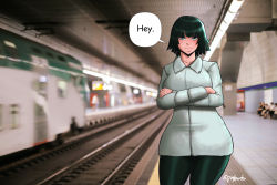 Rule 34 | 1girl, blush, breasts, clothes, english text, female focus, female pubic hair, fubuki (one-punch man), green eyes, green thighhighs, highres, joylewds, looking at viewer, medium hair, one-punch man, pubic hair, smile, solo, speech bubble, subway, subway station, thighhighs