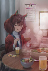Rule 34 | 1girl, absurdres, alcohol, alternate costume, animal ears, aoniyoshi, beer, beer can, beer mug, bow, bowl, brown hair, calendar (object), can, chopsticks, commentary request, cooking pot, cup, drink can, ear covers, flat screen tv, food, green bow, highres, holding, holding bowl, holding chopsticks, horse ears, horse girl, horse tail, hotpot, indoors, medium hair, mug, multicolored hair, nabe, nice nature (umamusume), smile, streaked hair, tail, television, twintails, umamusume, vegetable