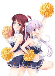 Rule 34 | 10s, 2girls, absurdres, arm up, bare shoulders, black skirt, blue eyes, brown hair, cheerleader, crop top, crop top overhang, eyebrows, hair bobbles, hair ornament, hand on own hip, highres, leg up, long hair, looking at viewer, midriff, multiple girls, navel, new game!, open mouth, pleated skirt, pom pom (cheerleading), ponytail, purple eyes, purple hair, shiny skin, shoes, simple background, skirt, sleeveless, socks, suzukaze aoba, takimoto hifumi, tokunou shoutarou, twintails, very long hair, white background, white footwear, white legwear