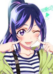 Rule 34 | 1girl, ;d, blue hair, blush, breasts, collarbone, commentary request, fingers to cheeks, green jacket, heart, highres, jacket, long hair, love live!, love live! sunshine!!, matsuura kanan, ojyomu, one eye closed, open clothes, open jacket, open mouth, ponytail, purple eyes, shirt, simple background, smile, solo, striped clothes, striped shirt, suspenders, translation request, white background