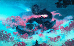 Rule 34 | 1boy, anato finnstark, black hair, cherry blossoms, divine dragon (sekiro), dragon, eastern dragon, from behind, highres, holding, holding sword, holding weapon, katana, outdoors, scenery, sekiro, sekiro: shadows die twice, short hair, size difference, sky, solo, standing, sword, topknot, tree, weapon, wide shot