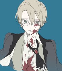 Rule 34 | 1boy, ascot, black ascot, black jacket, blazer, blonde hair, blood, blood on clothes, blood on face, blue background, collared shirt, dress shirt, eiku, fate/grand order, fate (series), formal, glasses, green eyes, hair between eyes, jacket, jekyll and hyde (fate), looking at viewer, male focus, parted lips, shirt, simple background, solo, upper body, waistcoat, white shirt