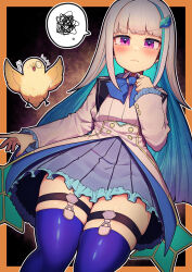 Rule 34 | 1girl, :&lt;, ^^^, absurdres, blue bow, blue bowtie, blue hair, blue thighhighs, blush, border, bow, bowtie, breasts, clenched hand, collared shirt, colored inner hair, commentary request, dark background, embarrassed, frilled skirt, frilled sleeves, frills, grey skirt, hair ornament, hand up, hatyuuruinohito, highres, jacket, legwear garter, lize helesta, lize helesta (1st costume), long hair, long sleeves, looking at viewer, multicolored hair, nijisanji, open clothes, open jacket, orange border, outline, outside border, pleated skirt, ribbed shirt, sebastian piyodore, shirt, sidelocks, skindentation, skirt, small breasts, solo, spoken squiggle, squiggle, thick thighs, thighhighs, thighs, translation request, underbust, v-shaped eyebrows, virtual youtuber, white hair, white jacket, white outline, white shirt