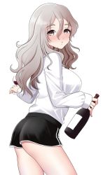 Rule 34 | 1girl, alcohol, alternate costume, black shorts, blush, bottle, breasts, cup, drinking glass, grey hair, hair between eyes, highres, holding, holding bottle, holding cup, kantai collection, large breasts, long hair, long sleeves, parted lips, pola (kancolle), shirt, short shorts, shorts, simple background, solo, white shirt, wine, wine glass, yomogi dango
