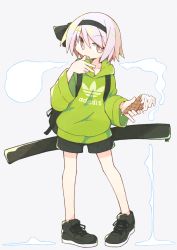 Rule 34 | 1girl, alternate costume, asameshi, backpack, bag, black footwear, black hairband, black ribbon, black shorts, casual, commentary, contemporary, licking finger, food, full body, green hoodie, grey background, hair ribbon, hairband, hand up, holding, holding food, hood, hoodie, ice cream, ice cream cone, konpaku youmu, konpaku youmu (ghost), licking, long sleeves, looking at viewer, pigeon-toed, pinky out, ribbon, shoes, short hair, shorts, silver hair, sneakers, soft serve, solo, tongue, tongue out, touhou, waffle cone, wide sleeves