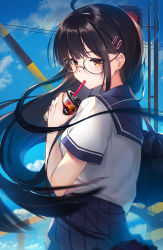 Rule 34 | 1girl, ahoge, bag, baisi shaonian, black hair, blue skirt, blue sky, bubble tea, cloud, cloudy sky, cup, day, disposable cup, drinking straw, floating hair, glasses, hair ornament, hairclip, highres, holding, holding cup, long hair, looking at viewer, motion blur, original, pleated skirt, railroad signal, red-framed eyewear, red eyes, round eyewear, sailor collar, school bag, school uniform, serafuku, shirt, short sleeves, sidelocks, skirt, sky, solo, standing, white shirt