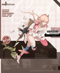 Rule 34 | 1girl, apron, assault rifle, black background, blonde hair, brown background, carbine, character name, closed mouth, commentary, copyright name, dress, drinking straw, english commentary, english text, full body, girls&#039; frontline, gun, hair between eyes, headgear, highres, holding, holding gun, holding weapon, knee pads, looking at viewer, m4 carbine, m4 sopmod ii, m4 sopmod ii (girls&#039; frontline), m4 sopmod ii (racing parfait) (girls&#039; frontline), multicolored background, multicolored hair, necktie, official alternate costume, official art, pink dress, pink necktie, plant, potted plant, promotional art, puffy short sleeves, puffy sleeves, red eyes, red hair, red socks, rifle, scope, second-party source, short sleeves, simple background, smile, socks, solo, streaked hair, suppressor, torn apron, torn clothes, torn dress, torn necktie, tray, trigger discipline, umo (mica team), waitress, weapon, white apron, white background, white footwear