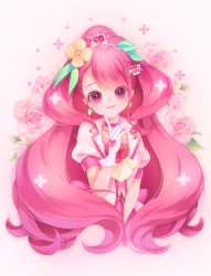 Rule 34 | 1girl, 2020, aoi itou, back bow, bow, choker, closed mouth, cure grace, earrings, floral background, flower, gloves, hair bun, hair flower, hair ornament, hanadera nodoka, healin&#039; good precure, heart, heart hair ornament, highres, jewelry, long hair, looking at viewer, magical girl, pink background, pink bow, pink eyes, pink flower, pink hair, pink neckwear, pink rose, pink theme, precure, rose, signature, simple background, single hair bun, skirt, smile, solo, upper body, white gloves, white skirt